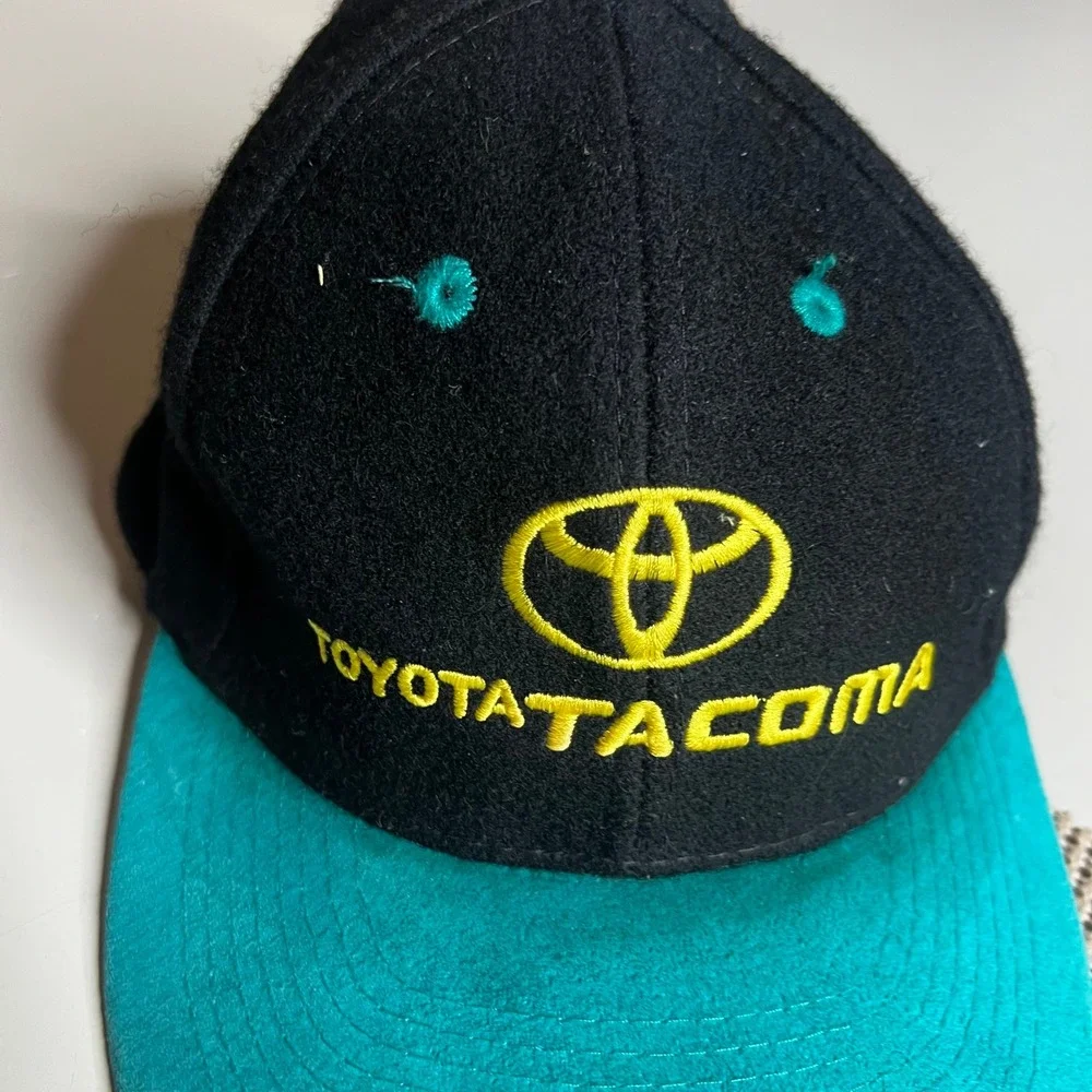Vintage Toyota Tacoma Hat Otto Cap Black Teal Wool Suede Leather Strapback Hat